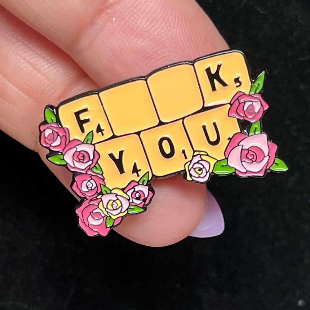 Rude saying on a scrabble tile -Funny lapel pin -enamel NWOT